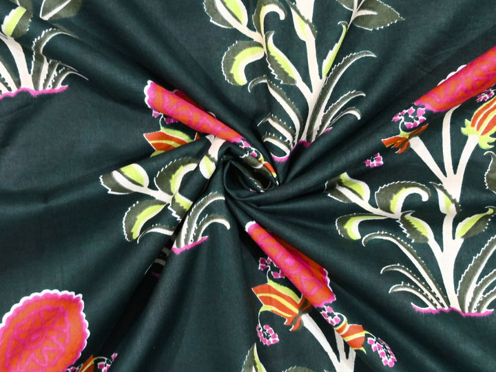 Traditional Indian block printed fabric showing bold folk art botanical pattern