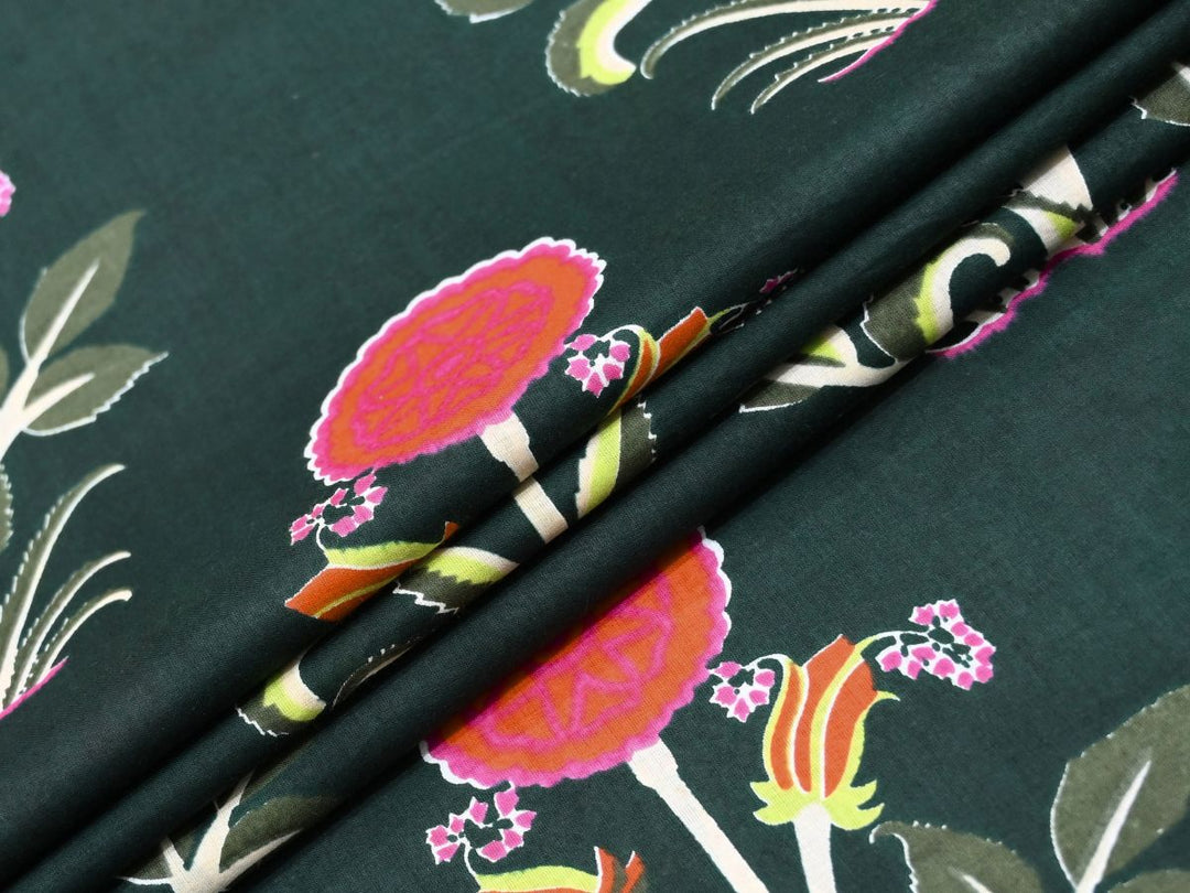 Indian Block Print Fabric by the Yard - Green Floral Print Fabric | Woodblock Print | Indolibas