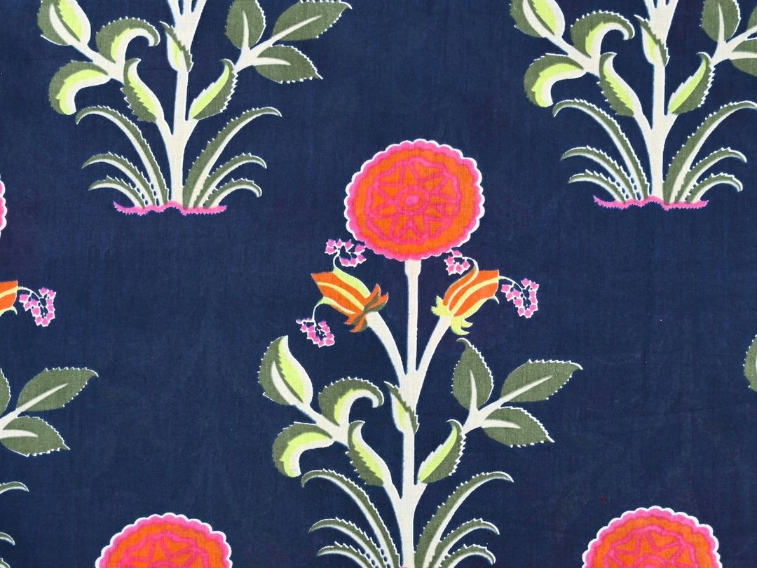 Navy blue Indian block print fabric with pink floral medallions