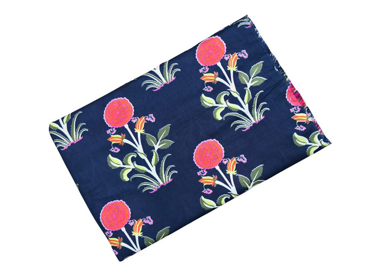 Block print fabric by the yard with pink scalloped flowers on navy