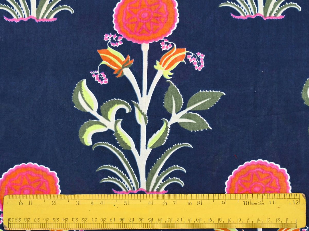 Navy floral print fabric showing white stems and light green leaf details