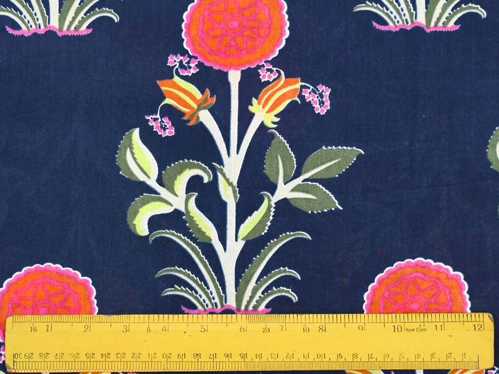 Navy floral print fabric showing white stems and light green leaf details