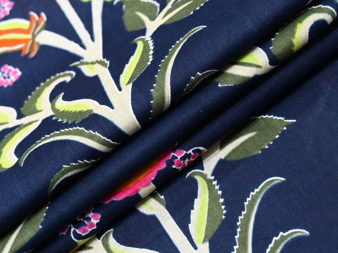 Indian Block Print Floral Navy Blue Fabric by the Yard | Indolibas