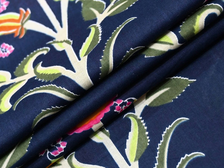 Indian Block Print Floral Navy Blue Fabric by the Yard | Indolibas