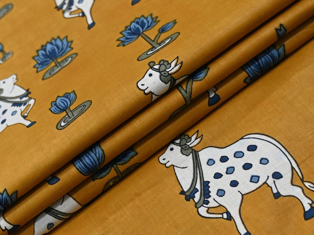 Indian Cotton Fabric by Yard | Mustard Pichwai Cow Lotus Print | Indolibas