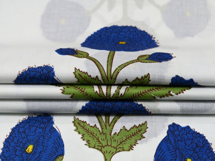 Blue poppy block print fabric for quilts, patchwork, apparel, and sewing projects