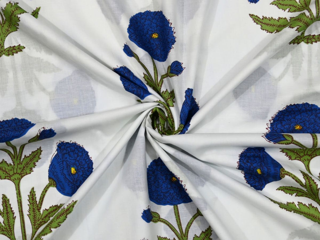 Traditional block printed fabric with repeating blue poppy floral pattern