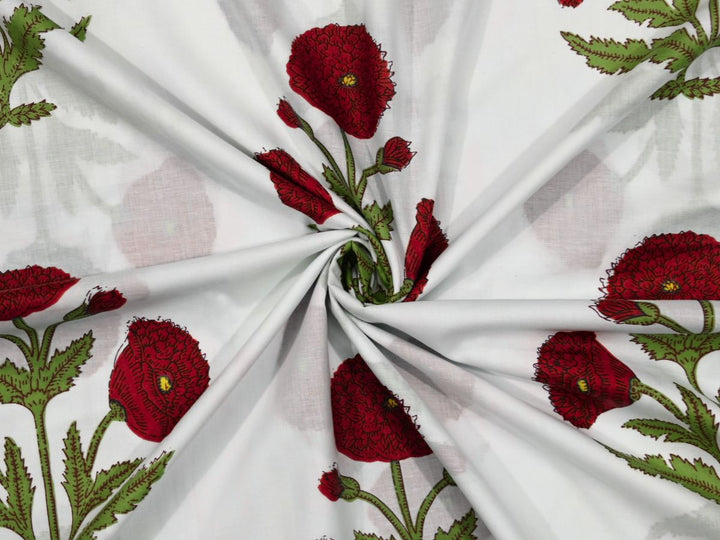 Red poppy Indian block print fabric by the meter on white ground
