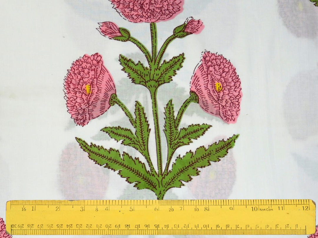 White floral print fabric showing pink flowers and green botanical details