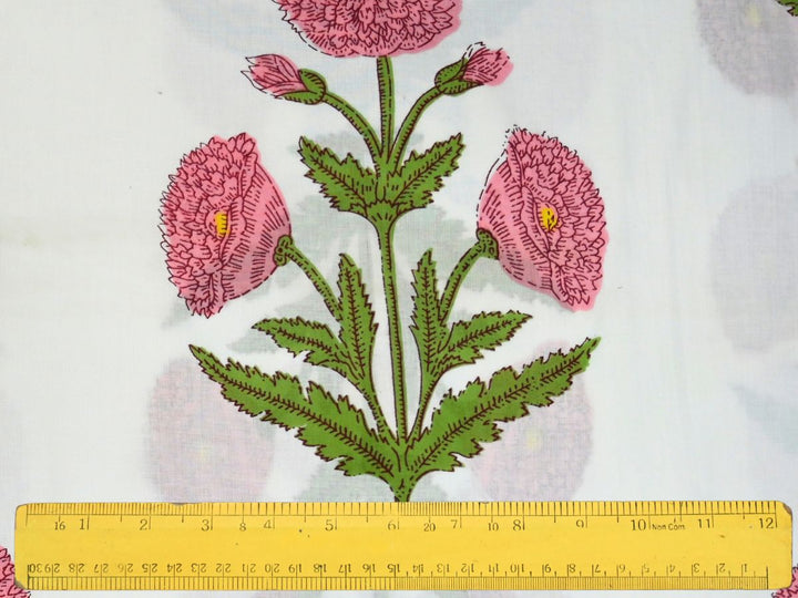 White floral print fabric showing pink flowers and green botanical details