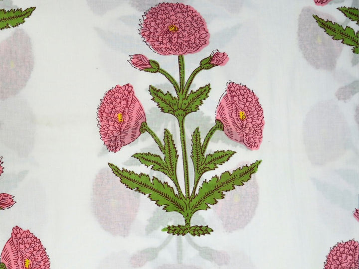 Hand block print fabric by the meter with pink poppy flowers on white