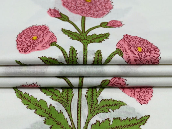 Pink poppy block print fabric for quilts, patchwork, apparel, and sewing projects