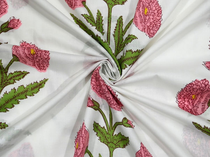 Traditional block printed fabric with repeating poppy floral pattern