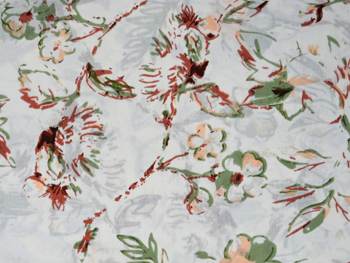Printed cotton fabric with watercolour botanical pattern and sage foliage