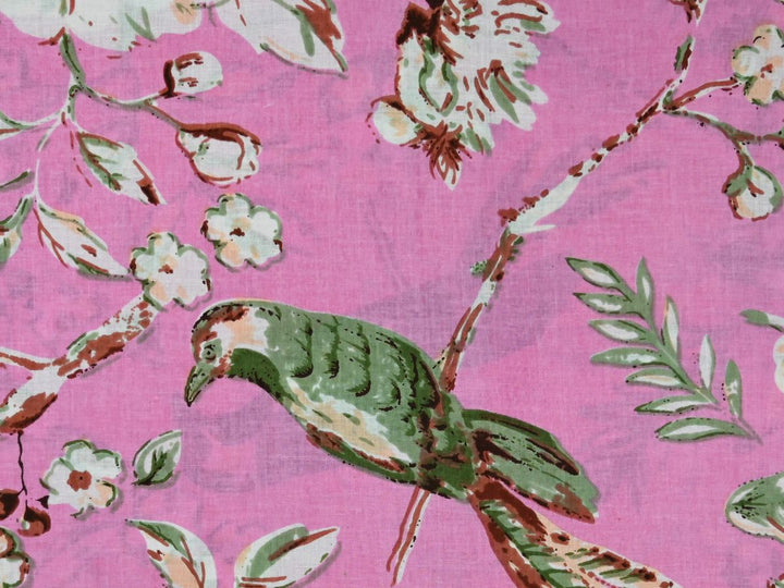 Pink bird floral cotton fabric with white blossoms and sage leaves