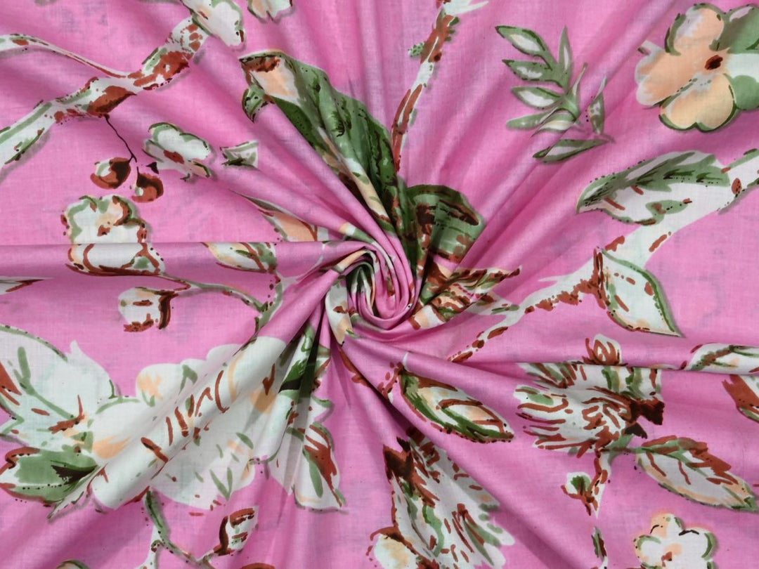 Printed cotton fabric showing chinoiserie bird on flowering branch