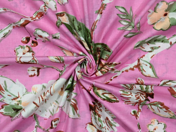 Printed cotton fabric showing chinoiserie bird on flowering branch