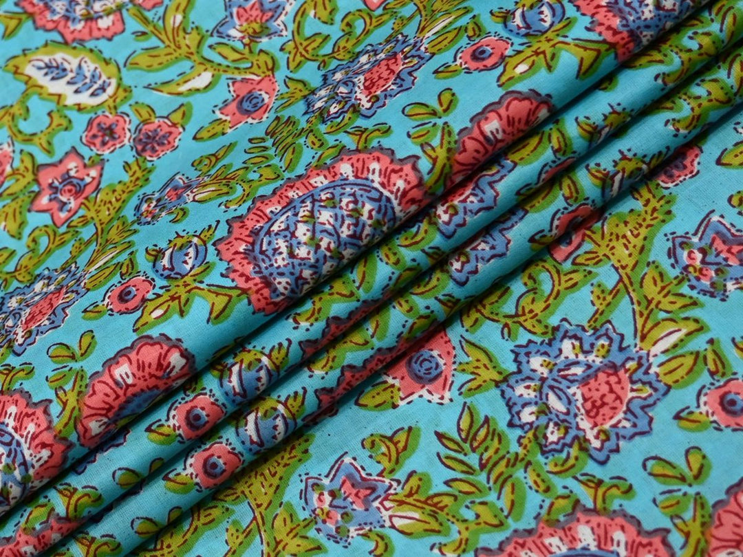 Affordable Block Print Fabric by the Yard | Sky Blue Floral Indian Cotton | Indolibas