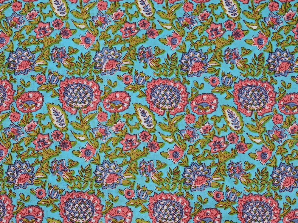 Affordable block print fabric by the yard with sky blue ground and pink florals