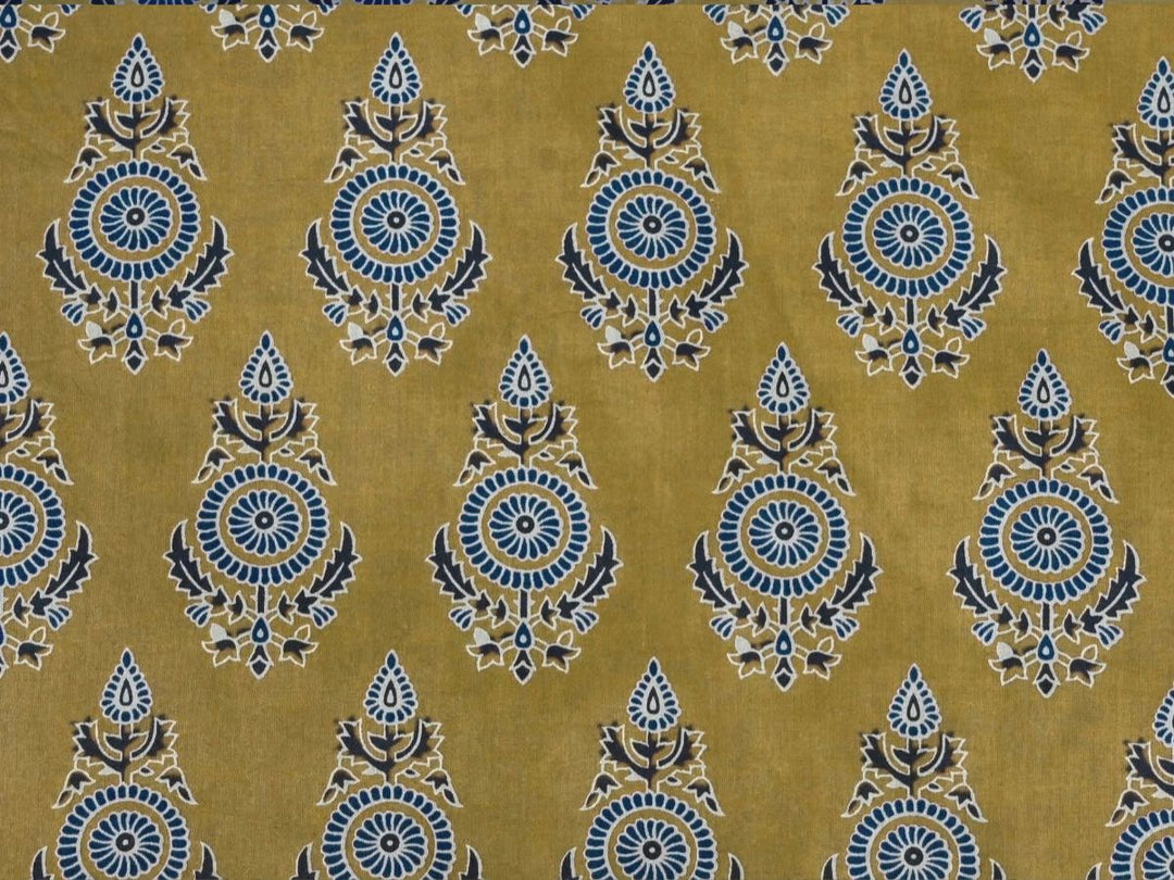 Mustard Indian block print cotton fabric with blue and white florals