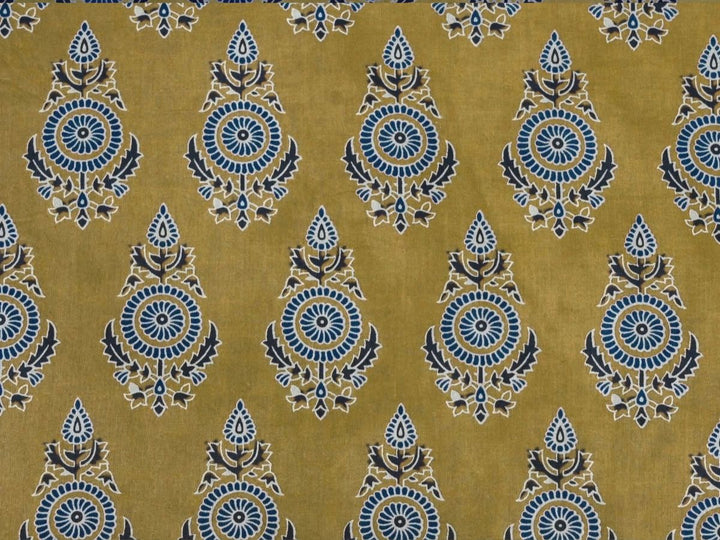 Mustard Indian block print cotton fabric with blue and white florals