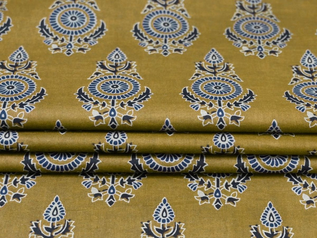 Close-up of mustard block print fabric showing blue and white motifs