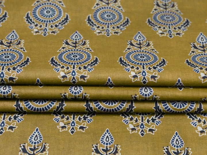 Close-up of mustard block print fabric showing blue and white motifs