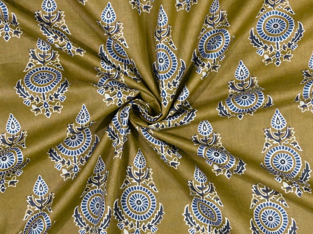 Organic cotton fabric by the yard with mustard block print floral design