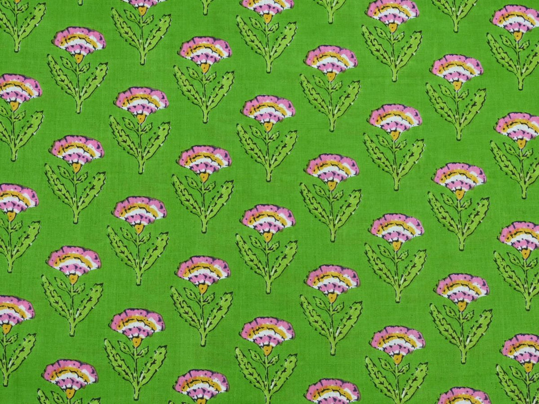 Indian print cotton curtain fabric by the yard with green ground and pink florals