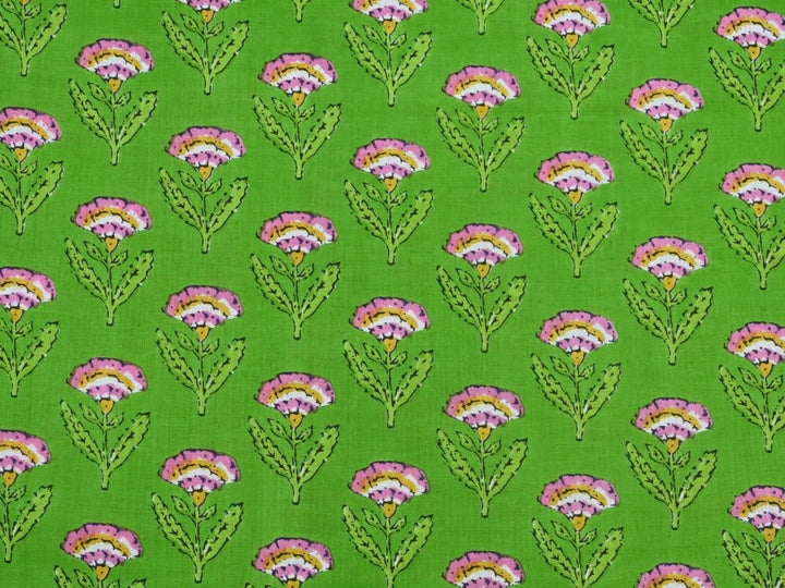 Indian print cotton curtain fabric by the yard with green ground and pink florals