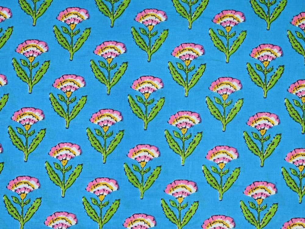 Cotton fabric online — sky blue block print floral sprig on cotton