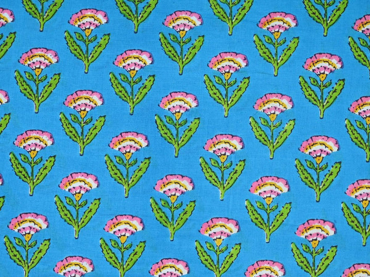 Cotton fabric online — sky blue block print floral sprig on cotton