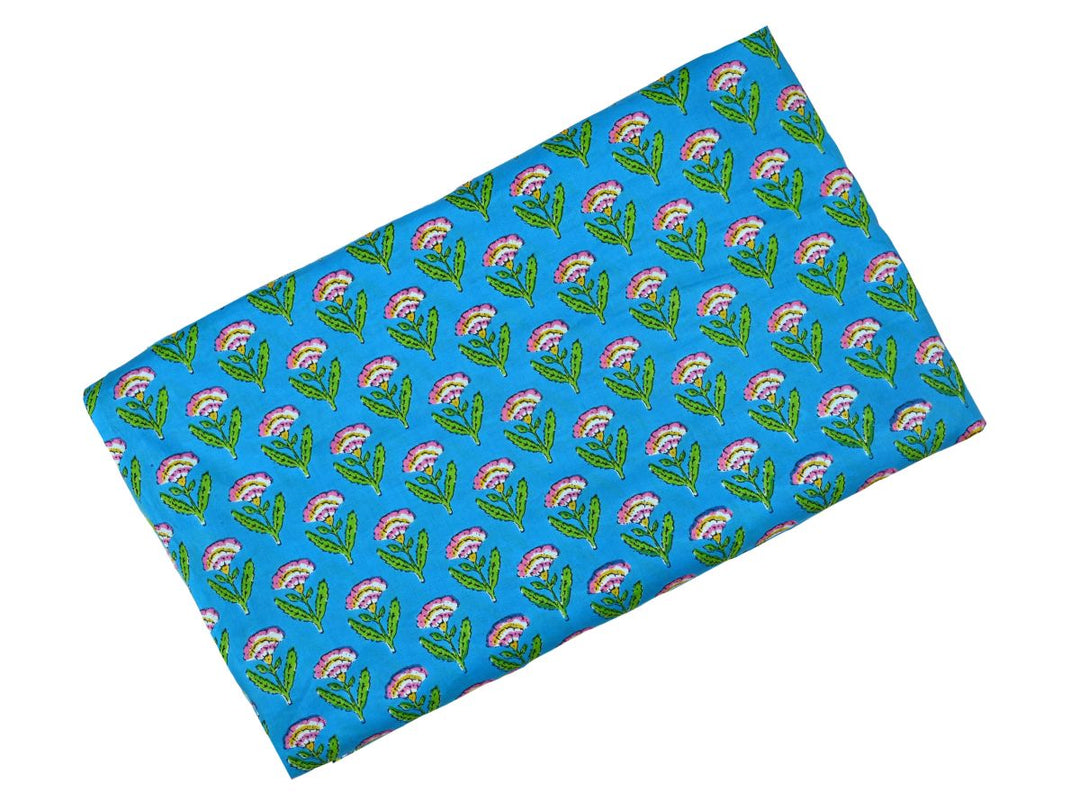 Small floral repeat block print fabric with green leafy stems on blue