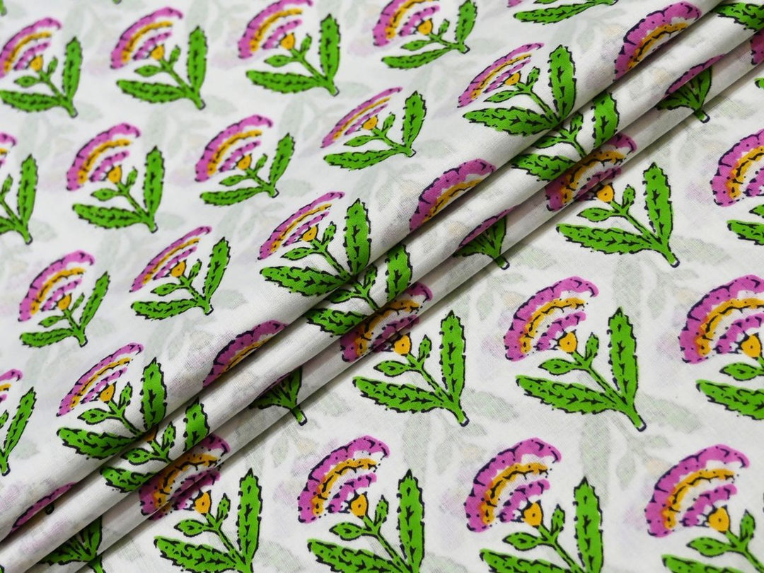Indian Print Cotton Curtain Fabric | White Floral Block Print by the Yard | Indolibas