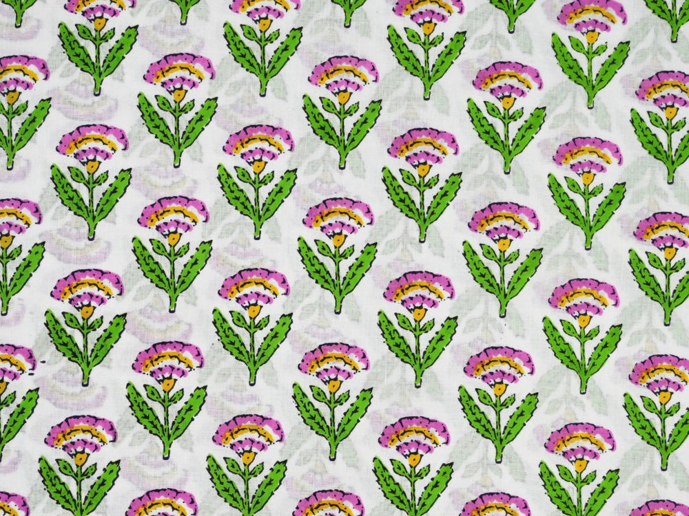 Indian block print fabric by the yard with pink floral sprig on white