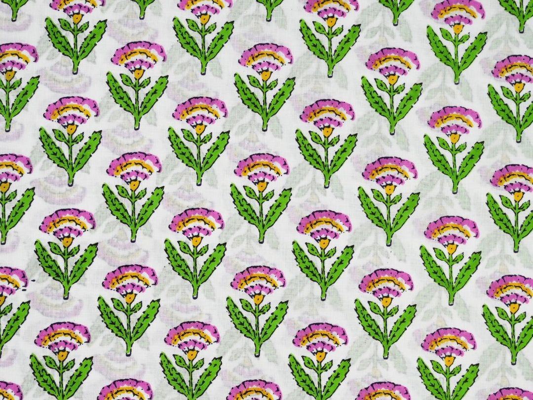 Indian block print fabric by the yard with pink floral sprig on white