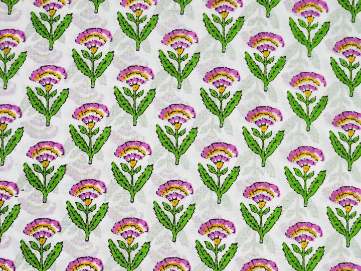 Indian block print fabric by the yard with pink floral sprig on white