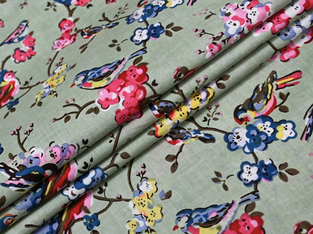Cotton Material by the Yard | Sage Green Bird Blossom Print | Indolibas