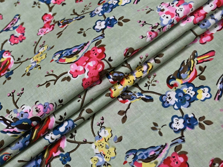 Cotton Material by the Yard | Sage Green Bird Blossom Print | Indolibas