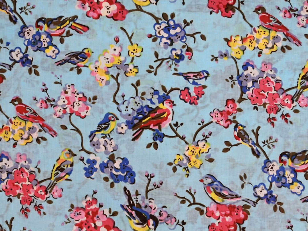 Cotton material by the yard with grey bird and blossom print