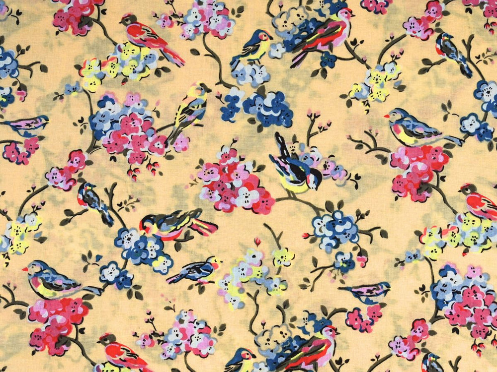 Indian fabric by the yard online with yellow bird and blossom print