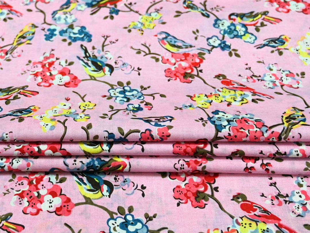 Affordable Indian Fabric by the Yard | Pink Bird Blossom Print | Indolibas