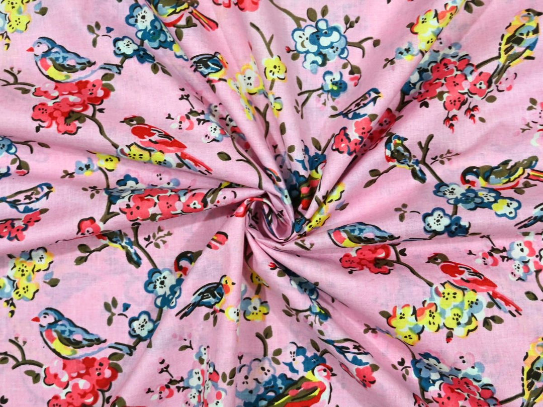 Affordable Indian Fabric by the Yard | Pink Bird Blossom Print | Indolibas