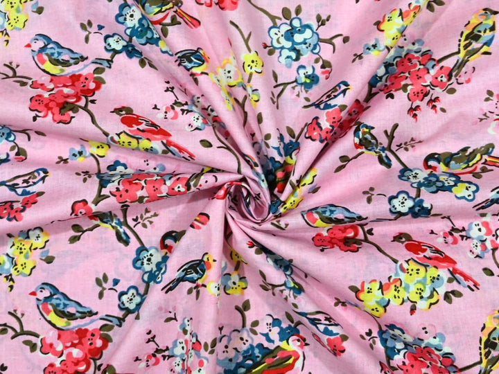 Affordable Indian Fabric by the Yard | Pink Bird Blossom Print | Indolibas