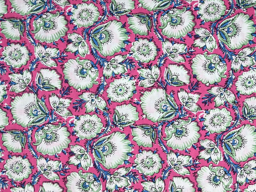 Block print cotton curtain fabric with pink floral print by the yard