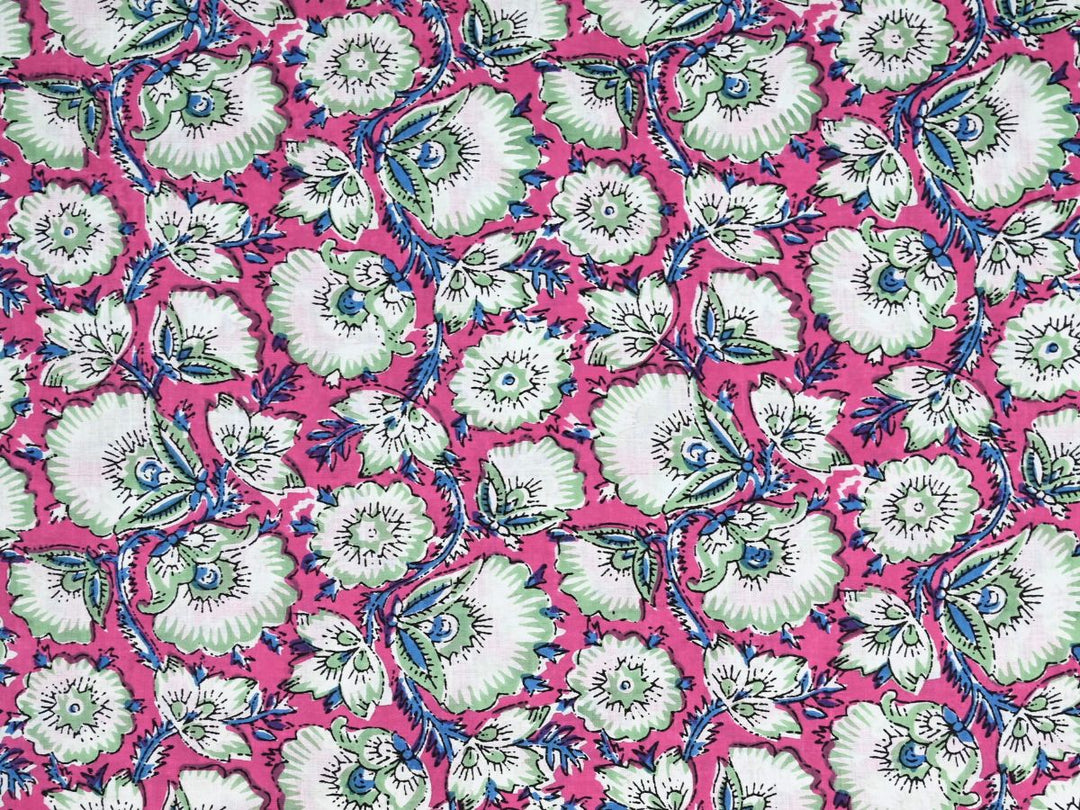 Block print cotton curtain fabric with pink floral print by the yard