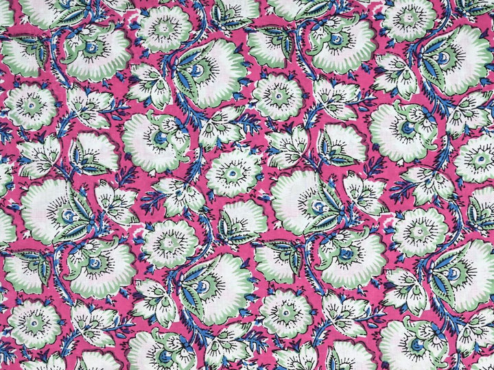 Block print cotton curtain fabric with pink floral print by the yard