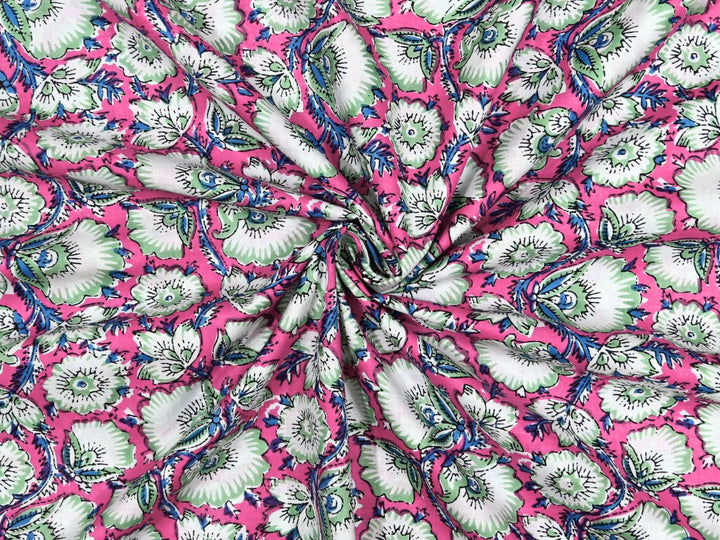 Pink floral block print cotton fabric with white and mint green flowers