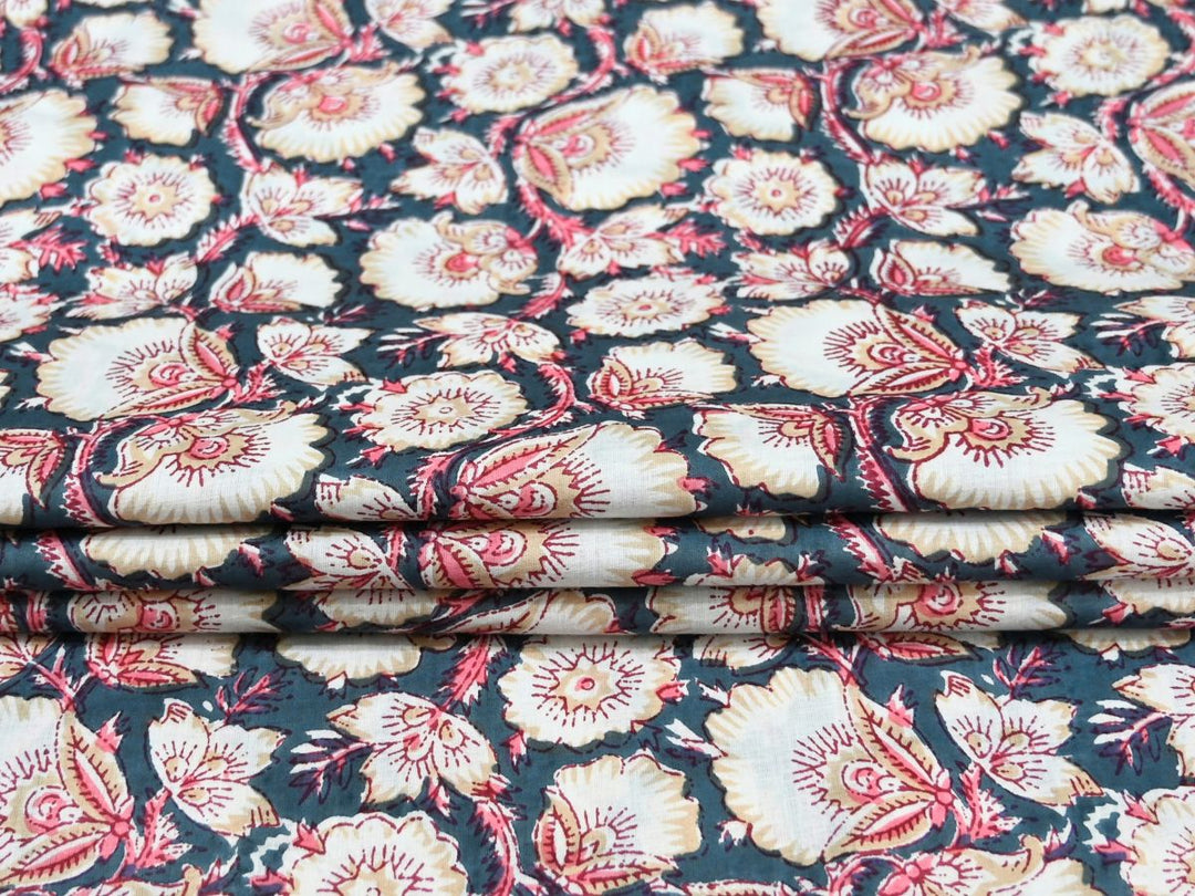 Close-up of grey floral block print fabric with pink and maroon outlines