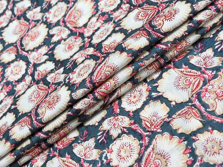 Block Print Cotton Curtain Fabric | Gray Floral Print by the Yard | Indolibas